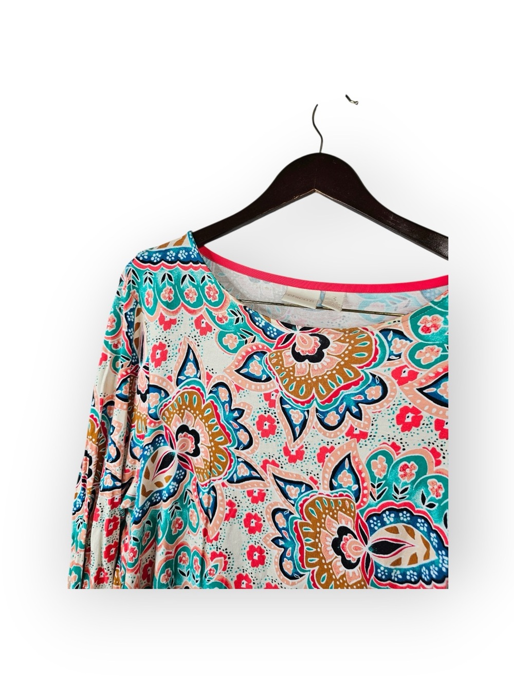 Chico's Pink Teal Paisley Floral 3/4 Sleeve Knit Tunic Top Size 3 XL - Picture 3 of 5